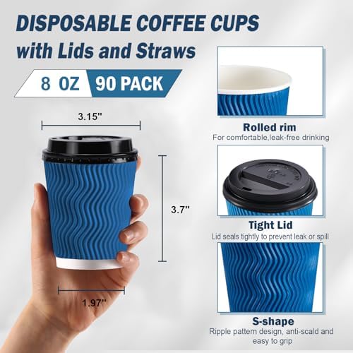 SIUQ 90 Pack - 8 oz Disposable Coffee Cups with Lids and Straws