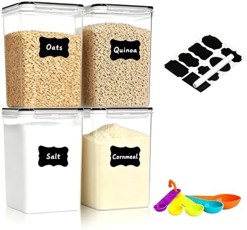 4pc 6.5L Large Airtight Plastic Canisters with Lids, Cups & Labels