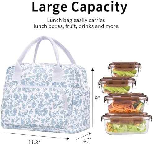 Lunch Bag Women Lunch Box for Women Adult Cute Insulated Lunch Bag Lager Cooler Lunch Tote Bags for Work Picnic (Blue-Floral)