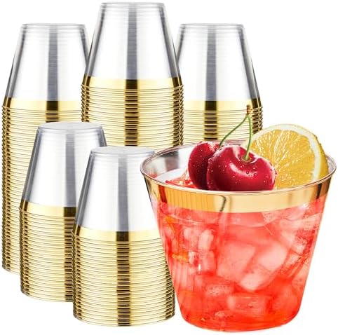 RACETOP 9 oz Disposable Plastic Cups with Gold Rim 200 Pack
