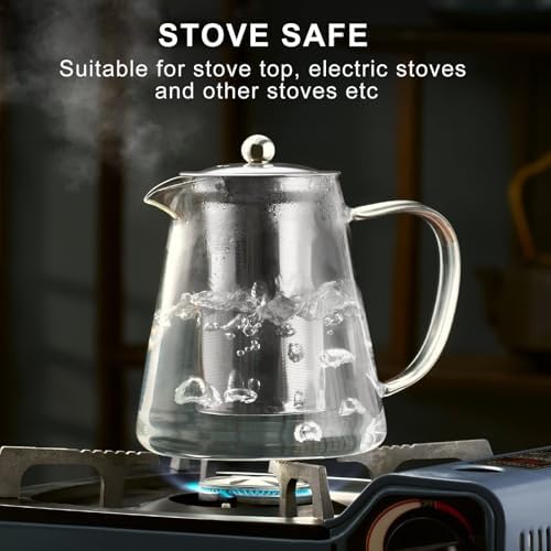 PARACITY Glass Teapot Stovetop 44 OZ, Borosilicate Clear Tea Kettle with Removable 18/8 Stainless Steel Infuser, Teapot Blooming and Loose Leaf Tea Maker Tea Brewer for Camping, Travel (1300ml)