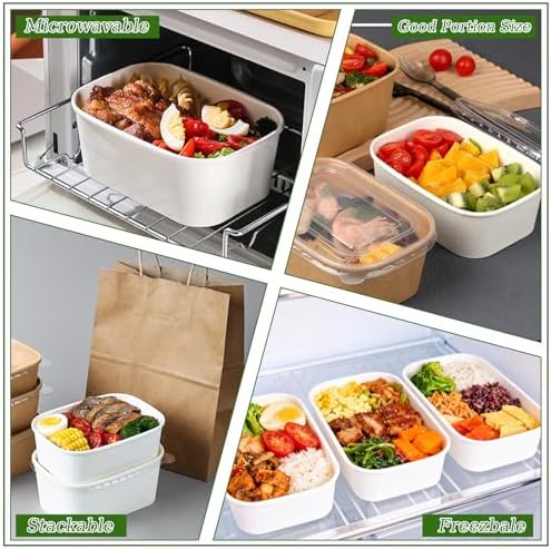 DI QIU REN 50-Pack 29oz Disposable Meal Prep Containers with Lids & Forks, Kraft Paper Bowls To Go Take Out Food Containers with Lids, Microwave & Freezer Safe (White Kraft Paper, 29oz 50 Count)