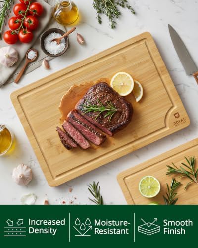 ROYAL CRAFT WOOD Wooden Cutting Boards for Kitchen Meal Prep & Serving - Bamboo Wood Serving Board Set with Deep Juice Groove Side Handles - Charcuterie & Chopping Butcher Block for Meat