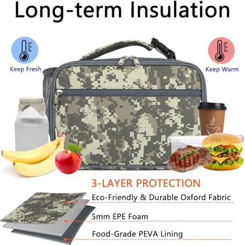 GYEUKHAM Insulated Lunch Box for School, Thermal Reusable Durable Freezable Lunch Bags for Kids Boys Girls Men Women - Small Soft Cooler Portable Lunch Tote Kit for Work Picnic Travel,Grey Camo