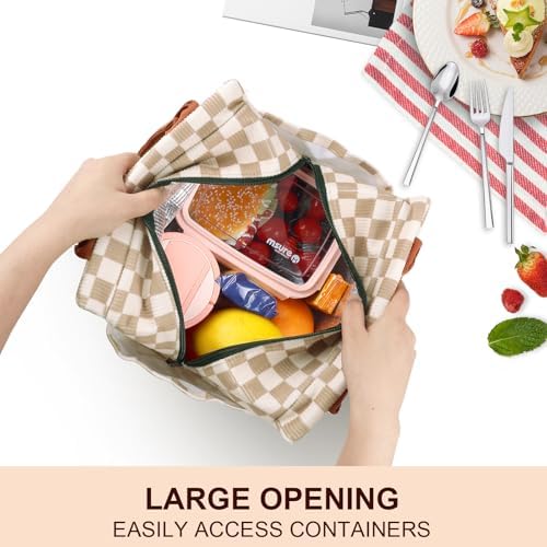 Joymee Lunch Bag for Women Insulated Corduroy Large Capacity- Checker Brown