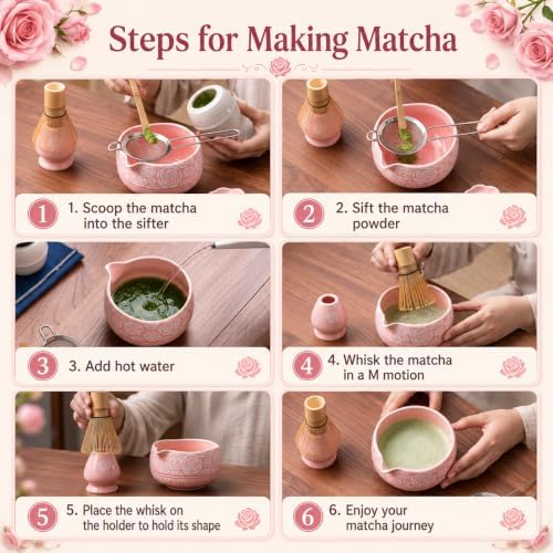 Buucup Matcha Whisk Set, Ceramic Matcha Kit with Bowl & Tools, Rose Pink