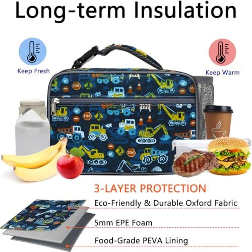 GYEUKHAM Insulated Lunch Box for School, Thermal Reusable Durable Freezable Lunch Bags for Kids Boys Girls Men Women - Small Soft Cooler Portable Lunch Tote Kit for Work Picnic Travel,Excavator