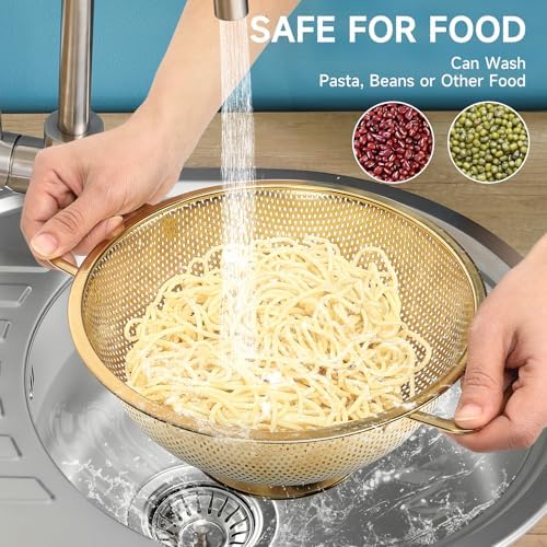 2PCS Gold Strainer for Kitchen, 3QT and 5QT, Stainless Steel Colander with Handle for Fruits Vegetables Cooking Food, Dishwasher Safe