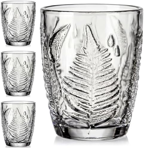 Clear Drinking Glasses Set of 4, 10 oz Glass Cups, Vintage Fern Glassware