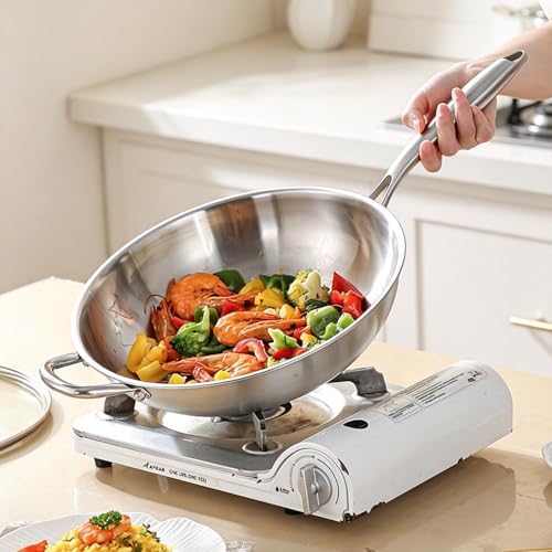 14 inch Stainless Steel 316 Wok with Lid, Stir-Fry Pans, Dishwasher and Oven Safe, Works on Induction (14 inch with Lid)