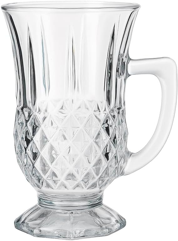 Footed Turkish Tea Glasses With Handle, Set of 6 Cups, Crystal Clear Tea and Latte Glasses, Slim Waist Design and Thick Sole Prevent the Drinks From Getting Cold, Dishwasher Safe, 5.5 oz