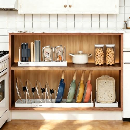 2 Pack Expandable Pots and Pans Organizer under Cabinet, Adjustable Pot Lid Organizer Rack with 9 Stainless Steel Dividers, Food Container Lid Holder for Kitchen Countertop Storage (White)