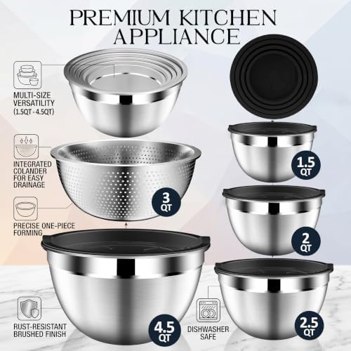 Mixing Bowls with Lids Set, Stainless Steel Mixing Bowl with Colander
