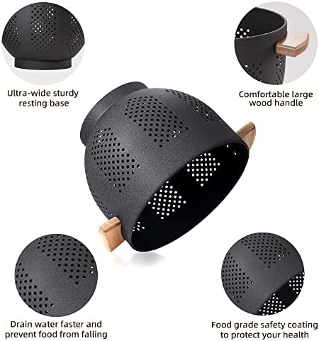 Metal Colander with Wood Handle and Stable Base, Powder Coated Steel Kitchen Strainer Basket for Draining Pasta, Vegetable and fruit(5.5quart,Matte Black)