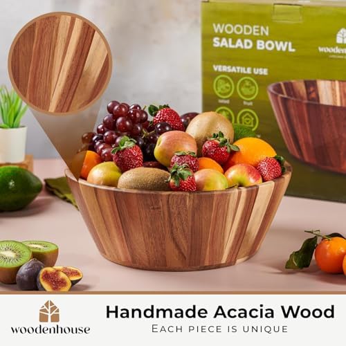 Wooden Salad Bowl, 12" Large Wooden Serving Bowls for Food, Handmade