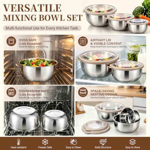 P&P CHEF Mixing Bowls with Lids Set of 3, Khaki Stainless Steel Salad Bowl