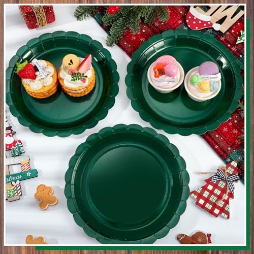 NatNarr 30 Pcs Dark Green Plates 9 Inch Scalloped Green Paper Plates