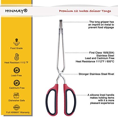 HINMAY Stainless Steel Scissor Tongs with Comfort-Grip Handle 12-Inch