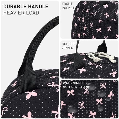 Bluboon Lunch Box for Women Cute Lunch Bag Reusable Insulated Lunch Bags Large Capacity Lunchbox Cooler for Work Picnic or Travel Gifts (Pink Bow Black 6, 10 x 7.5 x 8 inches)