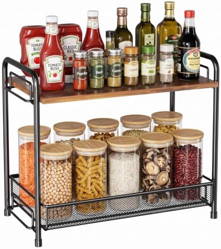Spice Rack Organizer for Countertop with Wood Top, 2-Tier Foldable Metal Rust-Proof Standing Large Seasoning Storage Shelf with Guardrail & Mesh Design for Kitchen Cabinet Living Room, Black