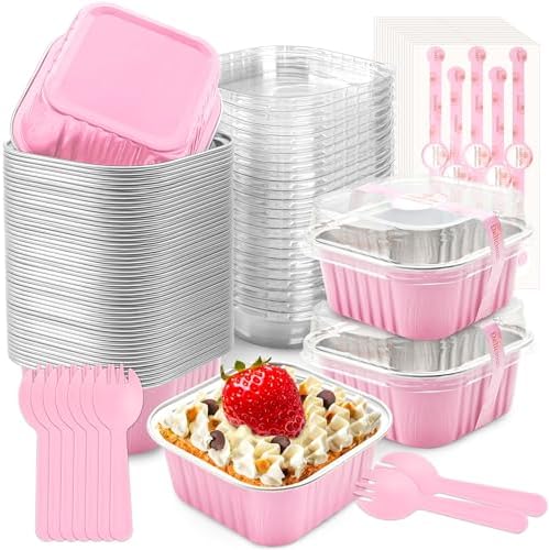 NPLUX Mini Cake Pans with Lids, 50 Pack Pink 5oz for Picnic Desserts