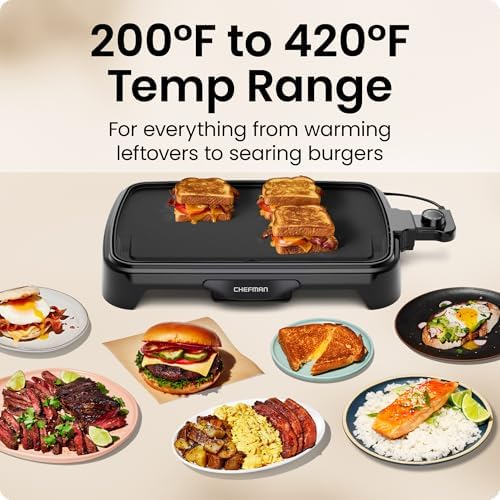 Chefman Electric Griddle with Removable Temperature Control, Immersible Flat Top Grill, Burger, Eggs, Pancake Griddle, Nonstick Easy Clean Cooking Surface, Slide Out Drip Tray, 10 x 16 Inch