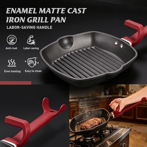 Enamel Matte Cast Iron Grill Pan,11 Inch,Wrist Saver,Ergonomic Handle for Effort-saving