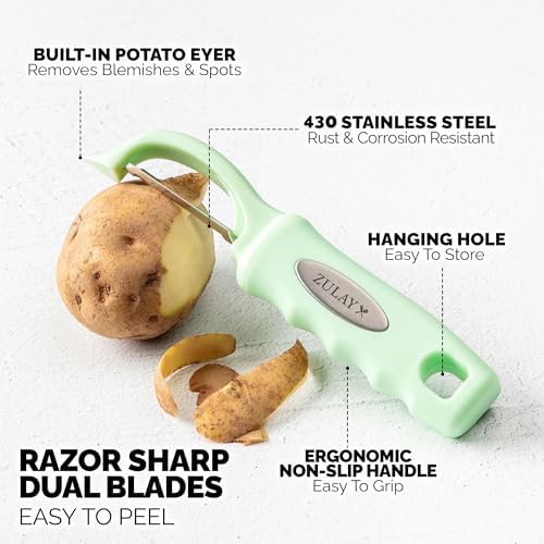 Zulay Kitchen Premium Vegetable Peeler for Kitchen - Swivel Peeler with Razor Sharp Stainless Steel Blades & Strong Ergonomic Handle - Dishwasher Safe, Easy To Use with Blemish Remover - Mint