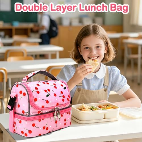 FlowFly Kids Double Decker Cooler Insulated Lunch Bag Large Tote for Boys, Girls, Men, Women, With Adjustable Strap, Cherry