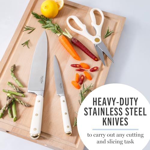Martha Stewart Knife Block Set 16-Piece - Lockton High Carbon Stainless Steel Forged Full Tang Chef Knives, Acacia Wood Block, Triple Riveted Handles, Linen White & Gold