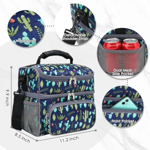 FlowFly Double Layer Cooler Insulated Lunch Bag Adult Lunch Box Large Tote Bag for Men, Women, With Adjustable Strap,Front Pocket and Dual Large Mesh Side Pockets