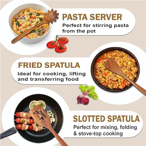 FJNATINH Wooden Spoons for Cooking, 10 Pcs Teak Wooden Cooking Utensil Set with Holder, Wooden Kitchen Utensils Set for Nonstick Pans & Cookware