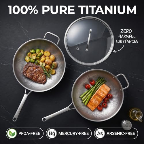 Titanium Wok Pan with Lid – 12" Non-Toxic PFAS-Free Woks & Stir-fry Pans, Tri-Ply Titanium & Stainless Steel, Induction & Dishwasher Safe