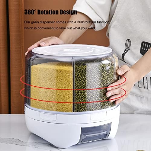 XIYAO 20Lbs Grain dispenser 360°Rotating Rice Dispenser 6 Grids Transparent Rotatable Cereal Storage Container with Sealed lid for Dry Food Beans Peanut Barley Millet Seeds