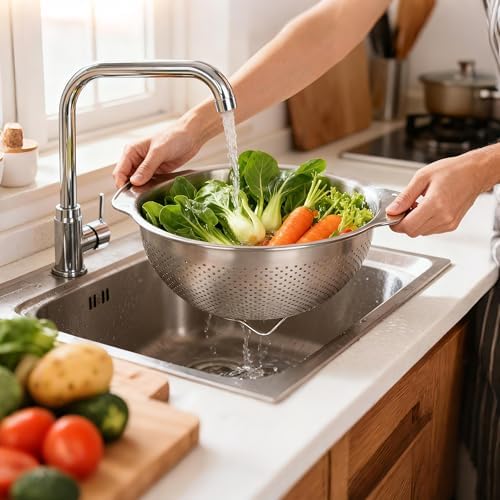 304 Stainless Steel Colander, 2.5 QT Capacity and 2.5 QT Mixing Bowl, Micropore Strainer for Washing Rice, Fruit, and Veggies, Perfect Draining for Cooked Pasta
