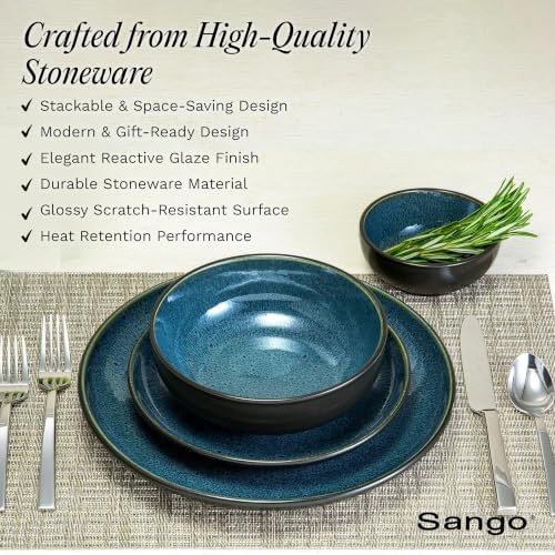 Sango 16-Piece Stoneware Dinnerware Set for 4, Glossy Black/Blue Big Dinner Plates and Bowls Sets with Reactive Glaze, Ceramic Dish Set, Modern Beautiful Dishes, Microwave & Dishwasher Safe, Resona