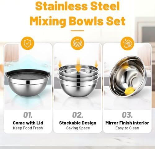 Beasea Stainless Steel Mixing Bowl Set of 3, 5 QT Large Stackable Mixing Bowls with Lids Set, Metal Nesting Bowl with Lid for Baking, Prepping, Salad, Serving, Kitchen Food Storing