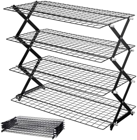 Sibba 4 Tier Collapsibl Cooling Rack, Adjustable 4 Setting Design Stainless Steel Baking Rack Stackable Roasting Cooking Drying Wire Cooling Racks for Cookies Baking Gifts for Women, Black