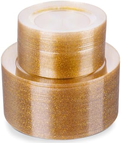 Goodluck 200PCS Gold Glitter Plastic Plates, Heavy Duty Disposable Gold