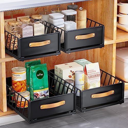 Pull out Cabinet Organizer,Heavy Duty Slide out Pantry Shelves Drawer Storage with Adhesive Nano Film,Sliding Mesh Cabinet Basket with Handle for Kitchen, Bathroom, Home, 11.8"W X 15.7"D X6.2"H,Black
