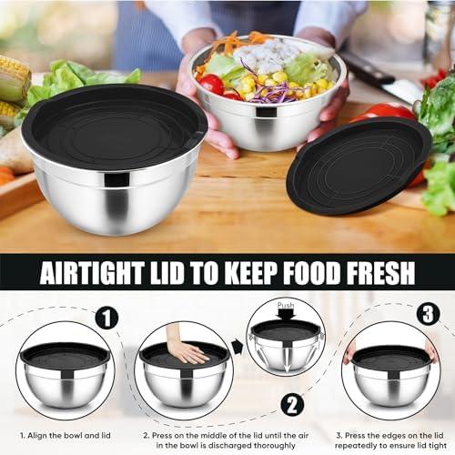 P&P CHEF Metal Mixing Bowls with Lids Set, Airtight Lids & Black