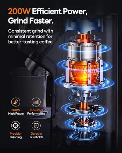 Aromaster Burr Coffee Grinder with 45 Grind Settings,Adjustable 5–40s Timer,Stainless Steel Conical Coffee Bean Grinder for Espresso,Pour Over & French Press, Anti-Static,Easy Clean Brush for Home Use