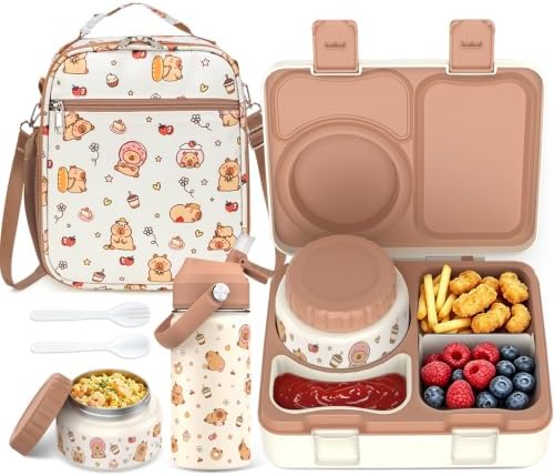 Kids Bento Lunch Box with Food Jar, Water Bottle, Lunch Bag, Brown