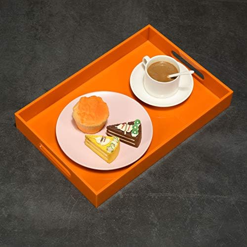 KEVLANG Orange Sturdy Acrylic Serving Tray with Handles-10x15Inch-Serving Coffee,Food,Breakfast,Butler-Kitchen Countertop Tray-Makeup Drawer Organizer-Vanity Table,Ottoman Tray-Decorative Tray