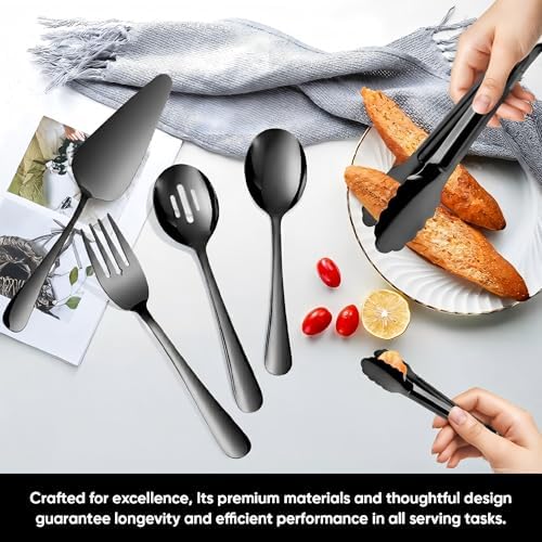 14PCS Serving Utensils - Hostess Serving Utensils Set, Premium Stainless Steel 8.7 inch Serving Utensils, Slotted Spoons, Forks, Tongs, Cake Pie Server for Buffet, Wedding, Dinner (Black)