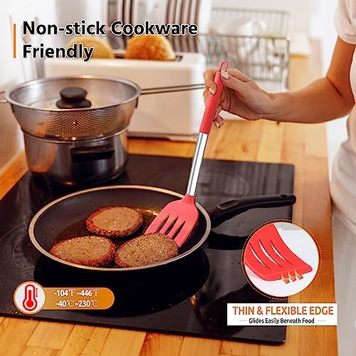 Cooking Utensils Set of 4, E-far Silicone Kitchen Utensils for Non-stick Cookware, Heat Resistant & Non-toxic Slotted Spatula Solid Spoon Turner for Flipping Mixing Serving Basting(Red)