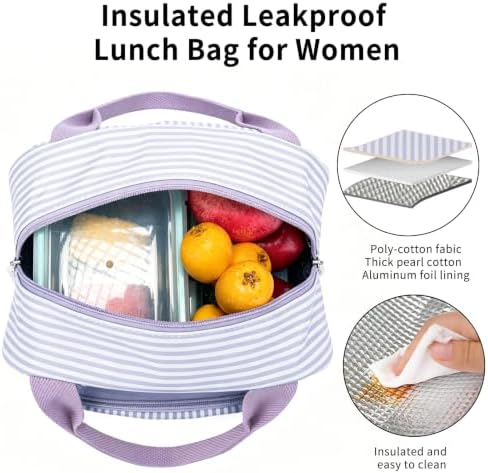 Lunch Bag Women Lunch Box for Women Adult Cute Insulated Lunch Bag Small Cooler Lunch Tote Bags for Work Picnic Travel (Purple Stripes)