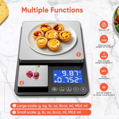 KUAIVO Dual Platform Digital Kitchen Scale, 33lb/15kg & 0.001oz/0.01g Precision, Two Scales in One, Coffee & Food Scale, Dual Display, Stainless Steel, Tare, g/oz/lb/ml