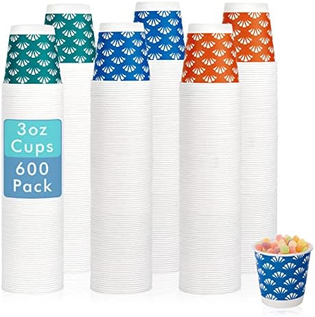 JollyPack 600 Pack 3 oz Disposable Bathroom Paper Cups, Small Mouthwash Cups in Orange, Blue, and Green, Great for Candy, Biscuits, Bathroom Use, Parties, Picnics, and Travel