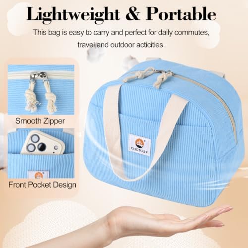 CaCTOUR Lunch Box Lunch Bag for Women Girls Teens, Cute Lunch Box Cooler Bag, Portable Small Insulated LunchBox Reusable Corduroy Lunch Tote for Work/Travel/Picnic/School(Blue)